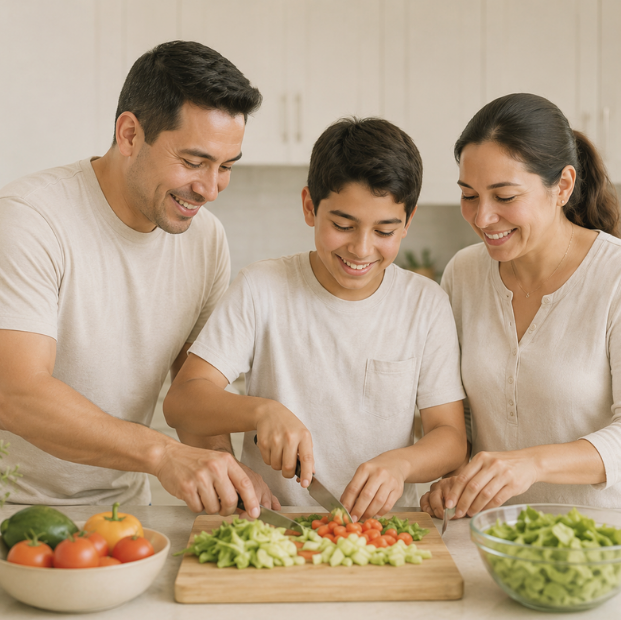 Parent and child preparing healthy food together